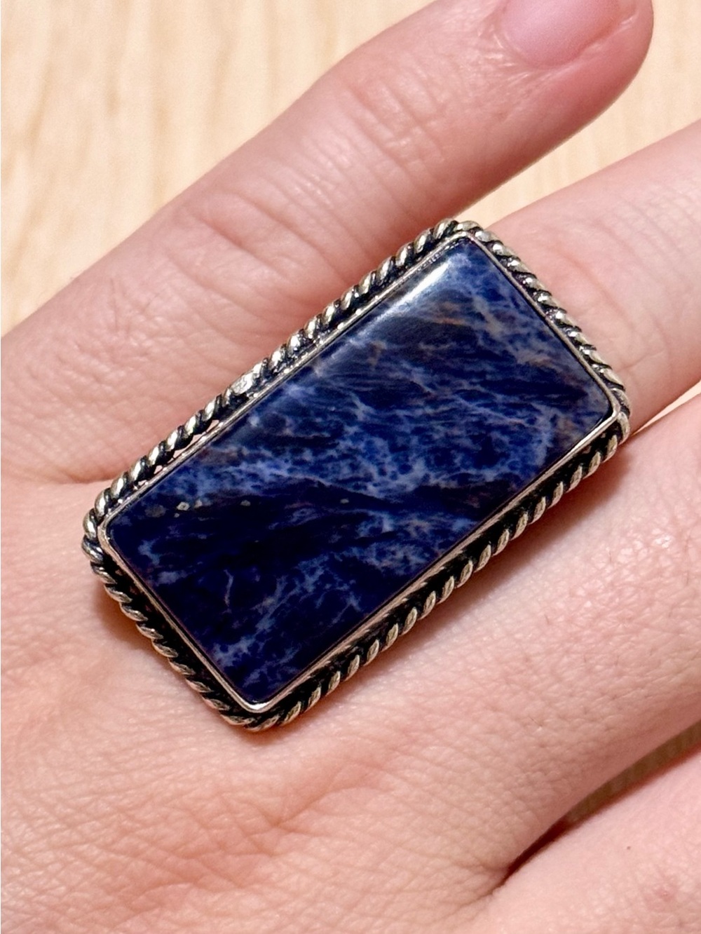 Vintage Sodalite Rectangular Statement Ring 925 Silver